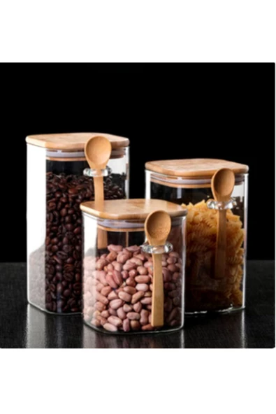 btmhome Kaşıklı Bambu Kapaklı Kare Kavanoz Seti 1200-800-600 ml - 2