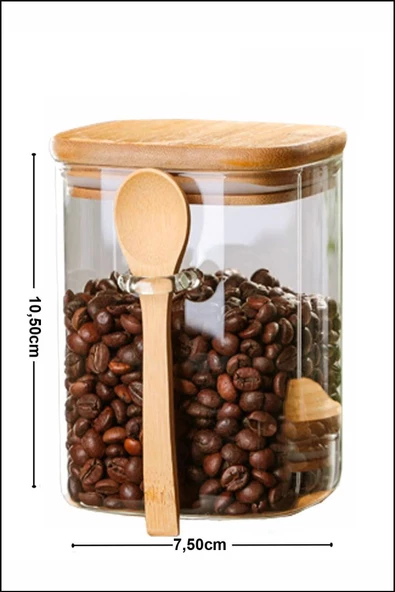 btmhome Bambu Kapaklı Bambu Kaşıklı Kare Kavanoz 600 ml