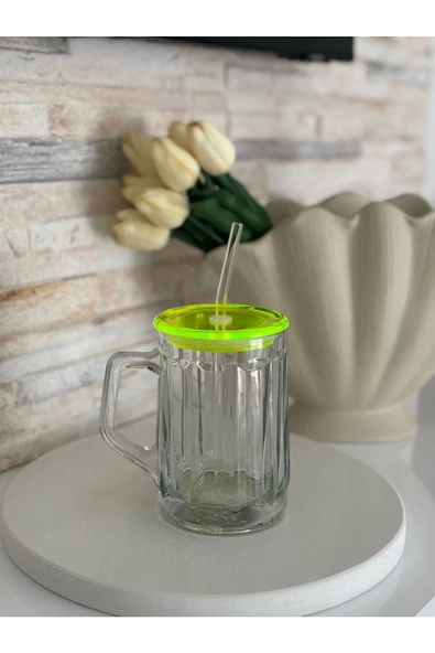 btmhome Isıya Dayanıklı Pipetli Renkli ve Kapaklı Bardak 1 Adet