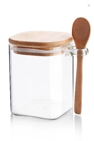 btmhome Bambu Kapaklı Kaşıklı Kavanoz Kare 600 ml
