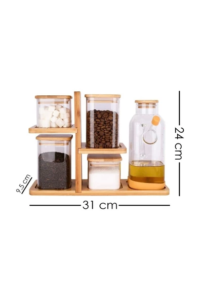 btmhome Bambu Stantlı 800 Ml Yağdanlıklı Bambu Kapaklı Borosilikat Cam Baharatlık Seti 6 Parça - 2