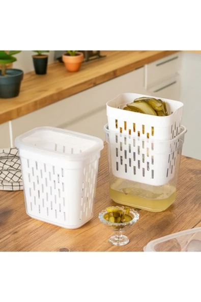 btmhome Süzgeçli Turşuluk, Zeytinlik, Çok Amaçlı Dikdörtgen Saklama Kabı Seti - 2 Lt - 3
