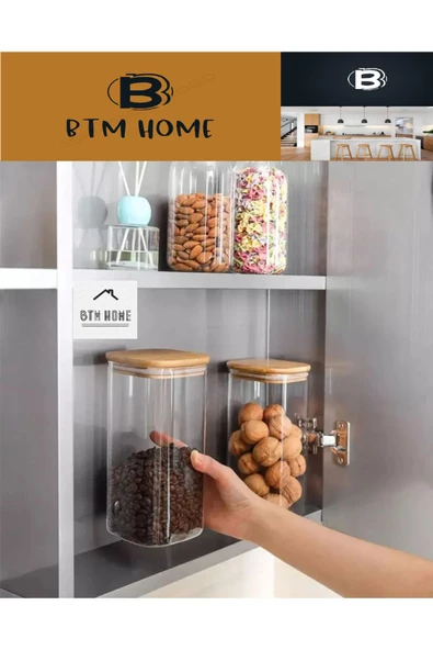 btmhome 1300 ml Bambu Kare Vakum Kapaklı Borosilikat Cam Kavanoz Saklama Kabı (1 ADET) - 3