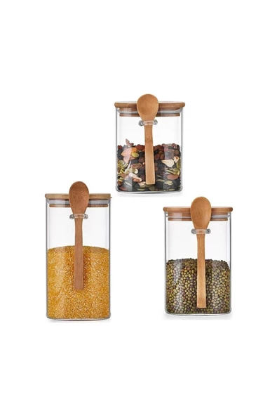 btmhome Kaşıklı Bambu Kapaklı Kare Kavanoz Seti 1200-800-600 ml - 5