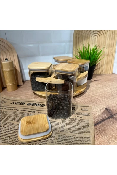btmhome Döner Bambu Standlı Cam Vakumlu Kapak Baharatlık - 2