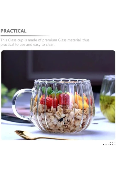 btmhome Çizgi Tasarımlı Kupa Cam Bardak Kahve Sunum - Borosilikat   400 ml