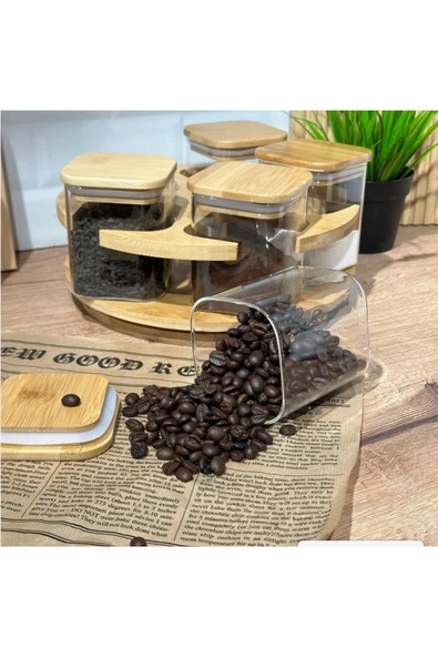 btmhome Döner Bambu Standlı Cam Vakumlu Kapak Baharatlık - 4