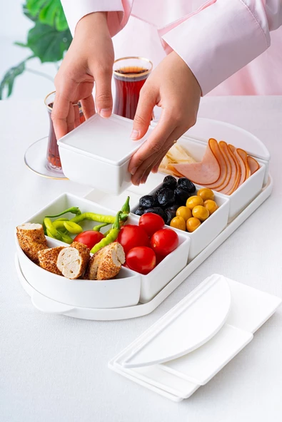 btmhome 6 Parça Oval Tepsili Porselen Kapaklı Kahvaltı Takımı Seti - 2