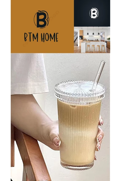 btmhome Şeritli Cam Pipetli Mika Bardak  400ML 1  Adet