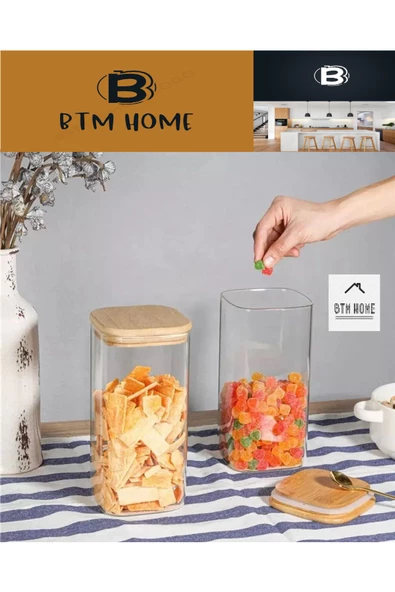 btmhome 1300 ml Bambu Kare Vakum Kapaklı Borosilikat Cam Kavanoz Saklama Kabı (1 ADET) - 2