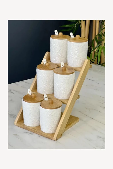 btmhome 6 Lı Porselen Kaşıklı Baharat Takımı Bambu Standlı Set