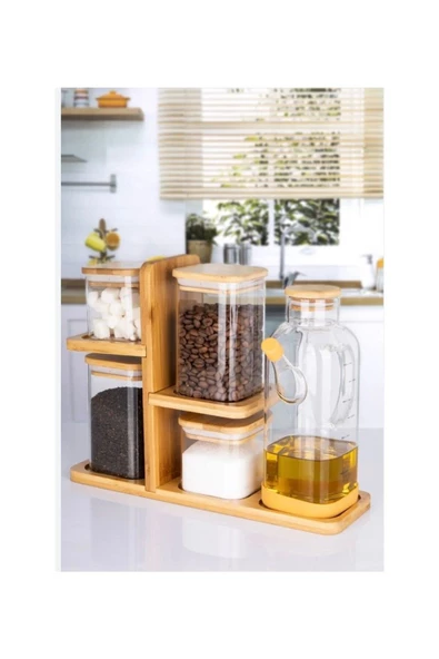 btmhome Bambu Stantlı 800 Ml Yağdanlıklı Bambu Kapaklı Borosilikat Cam Baharatlık Seti 6 Parça