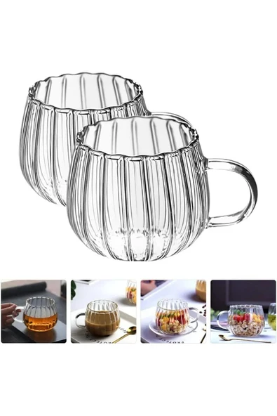 btmhome Çizgi Tasarımlı Kupa Cam Bardak Kahve Sunum - Borosilikat   400 ml - 5