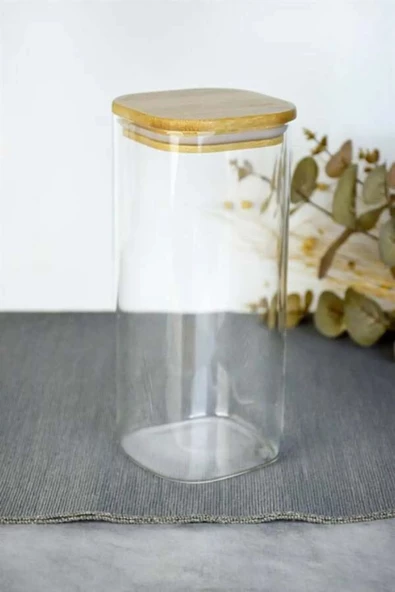btmhome 1300 ml Kare Bambu Kapaklı Cam Kavanoz 1 Adet