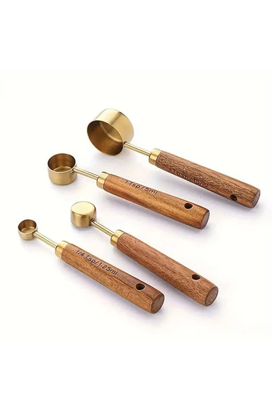 btmhome Gold Ölçü Kaşığı Seti 4lü Ahşap Saplı Ölçü Kabı Seti - 4