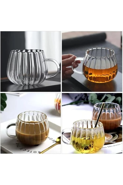 btmhome Çizgi Tasarımlı Kupa Cam Bardak Kahve Sunum - Borosilikat   400 ml - 3