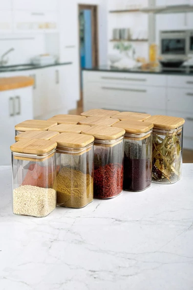 btmhome 300 ml 2 Adet Bambu Kapaklı Kare Cam Kavanoz - 2