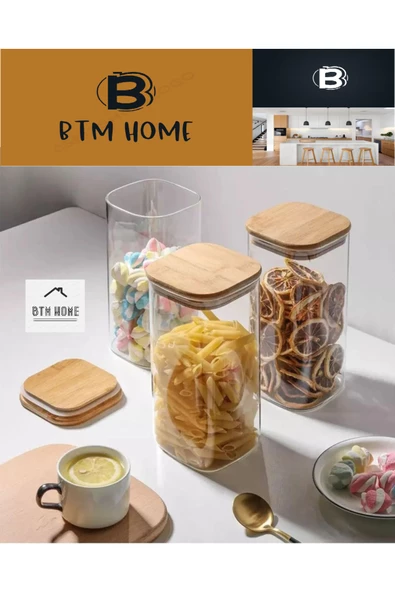 btmhome 1300 ml Bambu Kare Vakum Kapaklı Borosilikat Cam Kavanoz Saklama Kabı (1 ADET)
