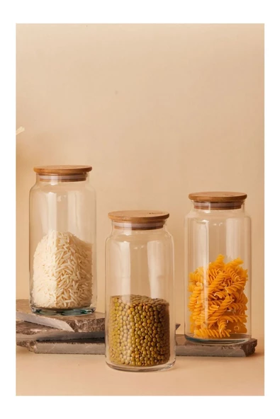 btmhome 1300 ml Bambu Kapaklı Vakumlu Cam Kavanoz Takımı 3 Adet