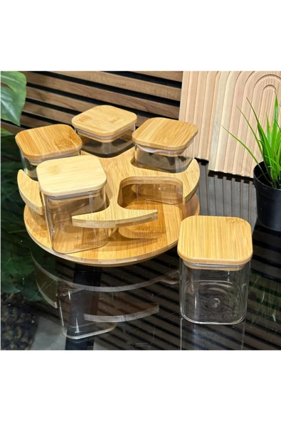 btmhome Döner Bambu Standlı Cam Vakumlu Kapak Baharatlık