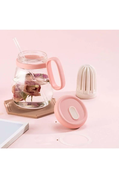 btmhome Pipetli Kupa Bardak Silikon Kapaklı Buzlu Kahve Çay Meşrubat için Isıya Dayanıklı 850 ml