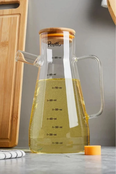 Btm Home 900 ml Bambu Kapaklı Cam Yağdanlık  Borosilikat Yağlık Sirkelik Sosluk 900 ml