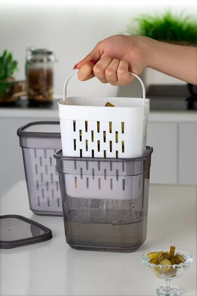 btmhome Süzgeçli Turşuluk, Zeytinlik, Çok Amaçlı Dikdörtgen Saklama Kabı Seti - 2 Lt