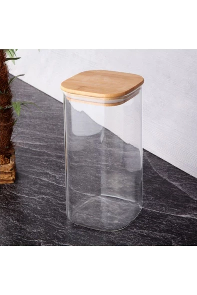 btmhome 3 Adet 220 ml Bambu Kapaklı Kare Cam Kavanoz ve Baharalık Seti - 4