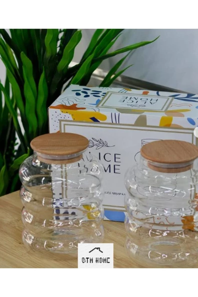 btmhome Ahşap Kapaklı Cam Kavanoz Takımı 2 Adet