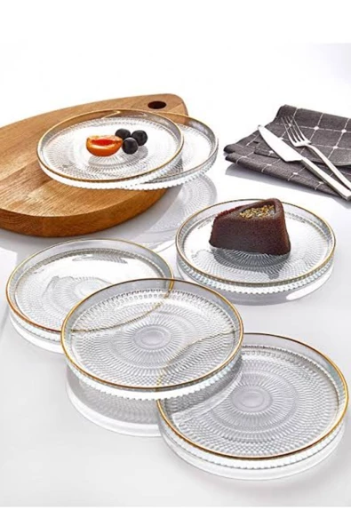 btmhome 6"lı Cam Kek Pasta Tabağı Seti - Lüks Yaldızlı Pasta Takımı 16cm