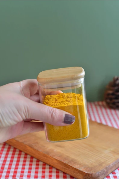 btmhome 2 Adet 200 ml Bambu Kapaklı Kare Cam Kavanoz ve Baharalık Seti