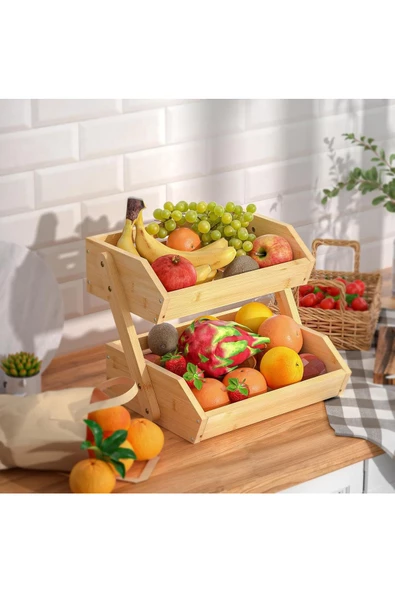 btmhome 2 Katlı Çok Amaçlı Bambu Meyve Sebze Ekmek Sepeti ve Banyo Organizer - 3