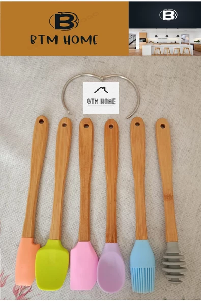 btmhome 6 Parça Bambu Saplı Silikon Spatula Mutfak Seti, Tencere Tava Pasta Kek Sıyırma Seti, - 3