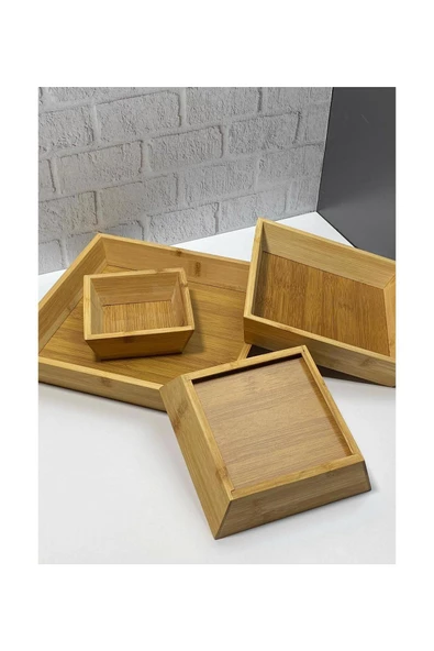 btmhome Kare Bambu, Çerezlik, İkramlık, Şekerlik, Lokumluk, Sunumluk Set 4 Lü - 2