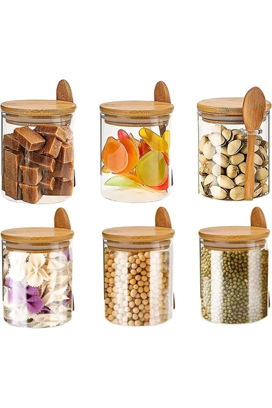 btmhome 600 ml Bambu Kapaklı Yuvarlak Cam Kavanoz Kaşıklı 1 Adet