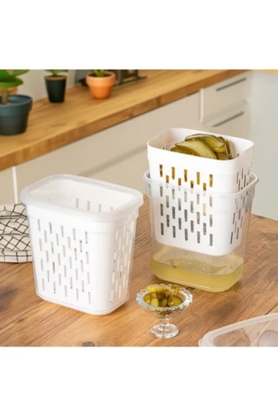 btmhome Süzgeçli Turşuluk, Zeytinlik, Çok Amaçlı Dikdörtgen Saklama Kabı Seti - 2 Lt