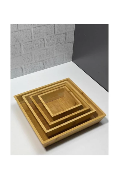 btmhome Kare Bambu, Çerezlik, İkramlık, Şekerlik, Lokumluk, Sunumluk Set 4 Lü