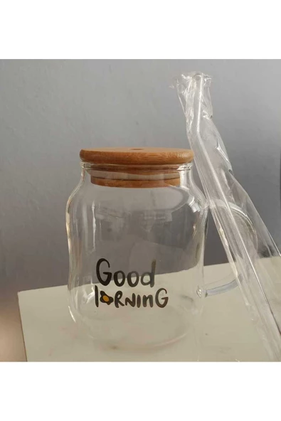 btmhome Bambu Kapaklı Cam Pipetli Good Morning Temalı Kurplu Cam Bardak 400 ml