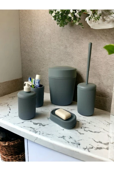 btmhome 5li Banyo Seti Çöp Kovası, Klozet Fırçası, Diş Fırçalık, Sıvı ve Katı Sabunluk Set - 5