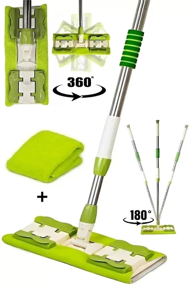 btmhome Mikrofiber Mandallı Mop, Teleskopik Saplı Set +1 Yedek Bezli Yeşil Renk