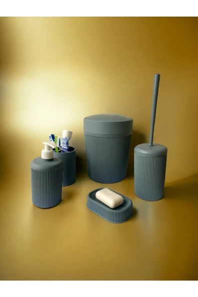 btmhome 5li Banyo Seti Çöp Kovası, Klozet Fırçası, Diş Fırçalık, Sıvı ve Katı Sabunluk Set - 2