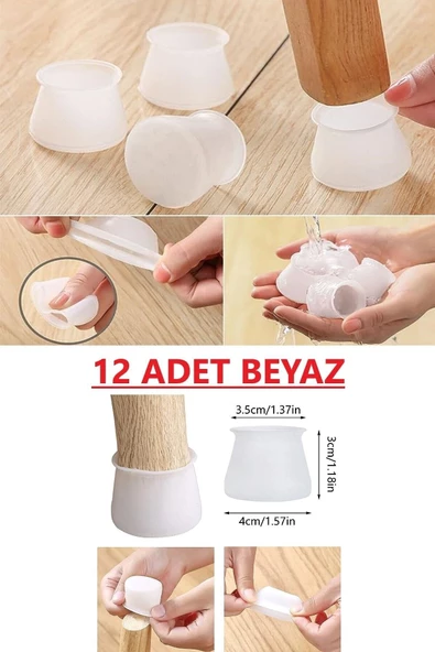 Btm Home 12 Ad BEYAZ Masa Sandalye Mobilya Ayağı Koruyucu Silikon Kılıf -Gürültü Emici Parke Koruyucu Silikon