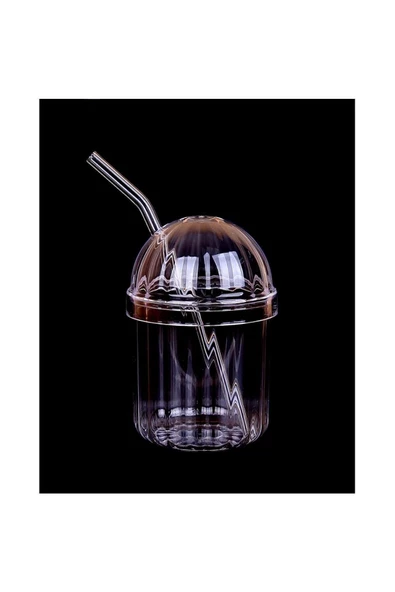 btmhome 1 Adet Oval Kapaklı Cam Pipetli Plastik Pinterest Bardak Kahve Sunum Bardağı 430ml Smoothie Bardak - 2