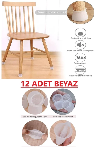 Btm Home 12 Ad BEYAZ Masa Sandalye Mobilya Ayağı Koruyucu Silikon Kılıf -Gürültü Emici Parke Koruyucu Silikon - 4