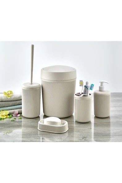 btmhome 5li Banyo Seti Çöp Kovası, Klozet Fırçası, Diş Fırçalık, Sıvı ve Katı Sabunluk Set - 2