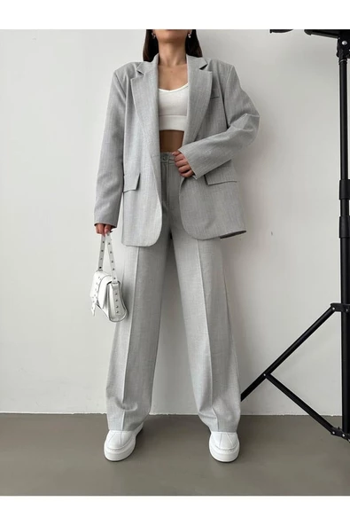 Aes Prive Kadın Çizgili Içi Astarlı Blazer Ceket Pantolon Takım 5555 - 3