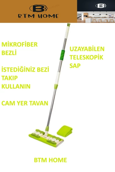 btmhome Mikrofiber Mandallı Mop, Teleskopik Saplı Set +1 Yedek Bezli Yeşil Renk - 2