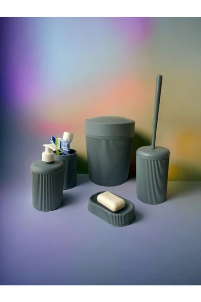 btmhome 5li Banyo Seti Çöp Kovası, Klozet Fırçası, Diş Fırçalık, Sıvı ve Katı Sabunluk Set - 3