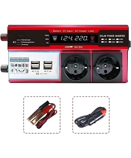 Priz ve Çakmaklık Modifiye Sinüs İnverter Araç ve Güneş Enerjisi Uyumlu 12V 2000W Çift USB Çift Priz ve Çakmaklık