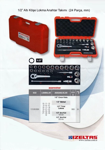 İzeltaş 1/2” Altı Köşe Lokma Anahtar Takımı 24 Parça (24 Parça, mm) Çantalı - Resim 4